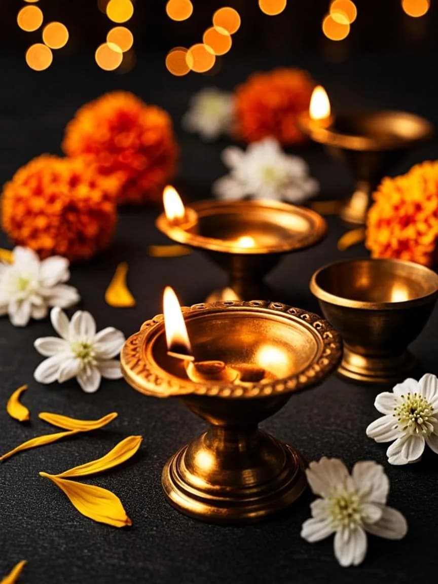 Brass diyas with glowing flames, marigolds and white flowers — a traditional remembrance setting