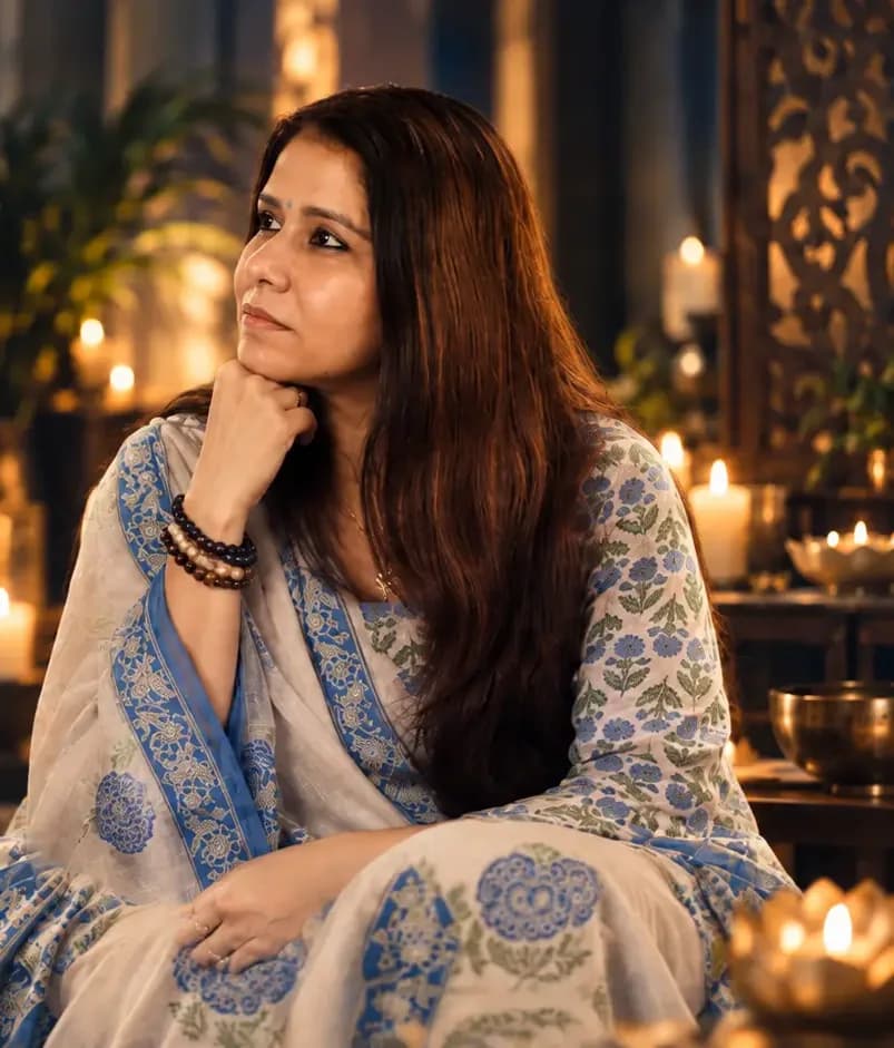 Shuchita Mitra, founder of ZENAUURA, seated thoughtfully in a candlelit room