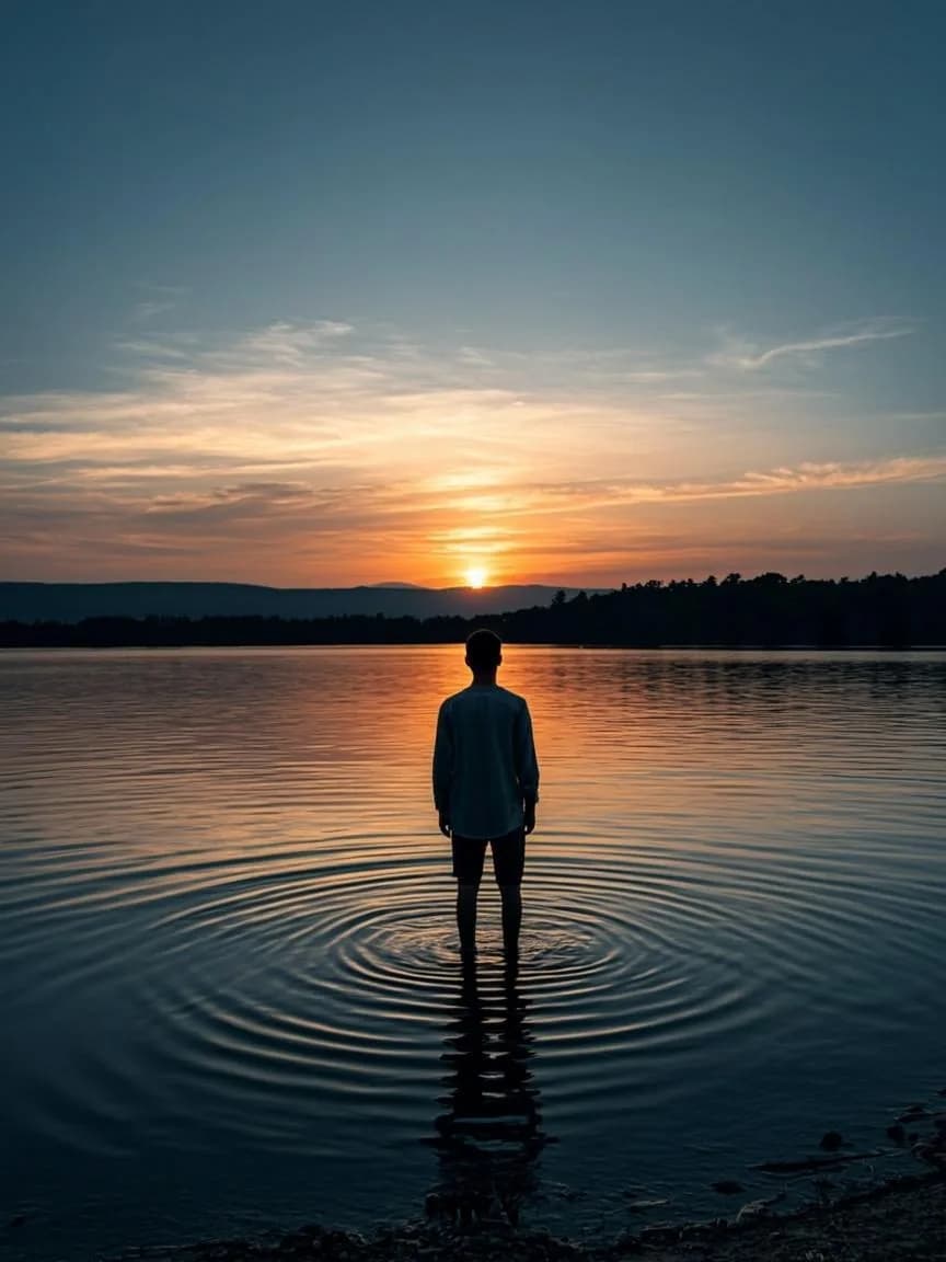 A lone figure standing in calm water at sunset, reflecting on the horizon